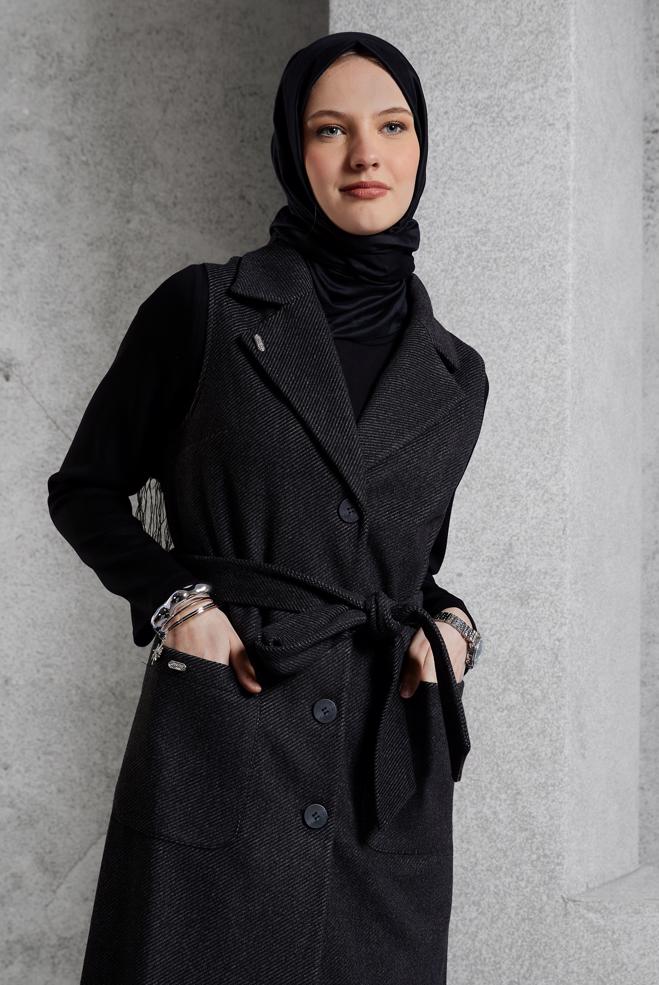 Tesettür giyim SİYAH KUŞAKLI YELEK 45303 - ALVİNA