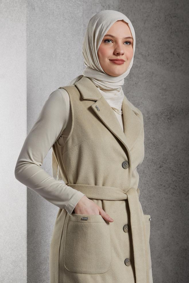Vêtements hijab BEIGE GILET CEINTURÉ 45303 - ALVİNA