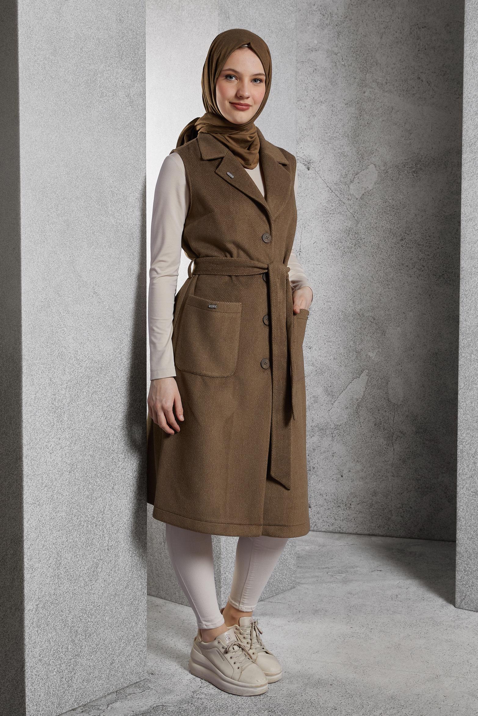 Tesettür giyim TABA KUŞAKLI YELEK 45303