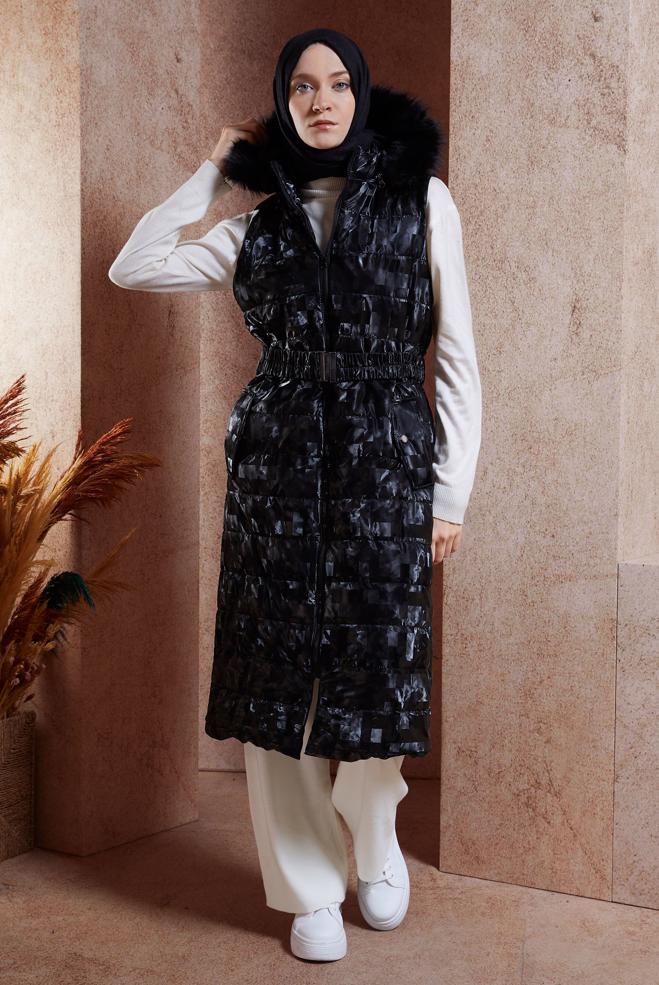 Vêtements hijab NOIR GILET DOUDOUNE CEINTURÉ 90526 - ALVİNA