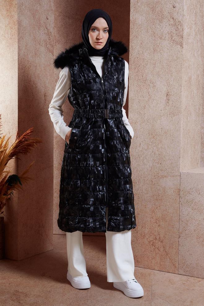 Vêtements hijab NOIR GILET DOUDOUNE CEINTURÉ 90526 - ALVİNA