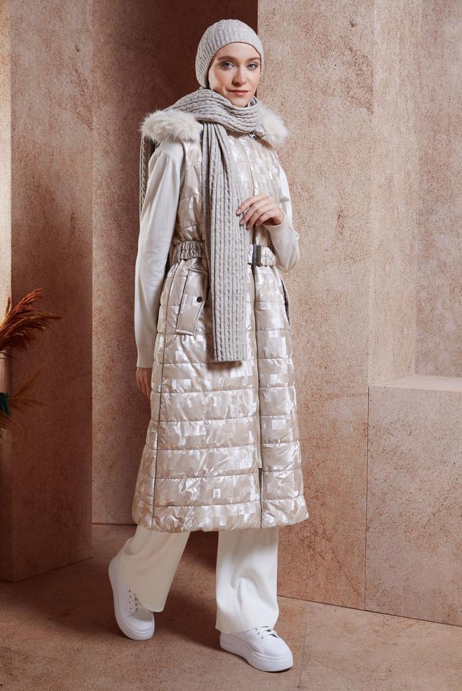 Vêtements hijab BEIGE GILET DOUDOUNE CEINTURÉ 90526 - ALVİNA