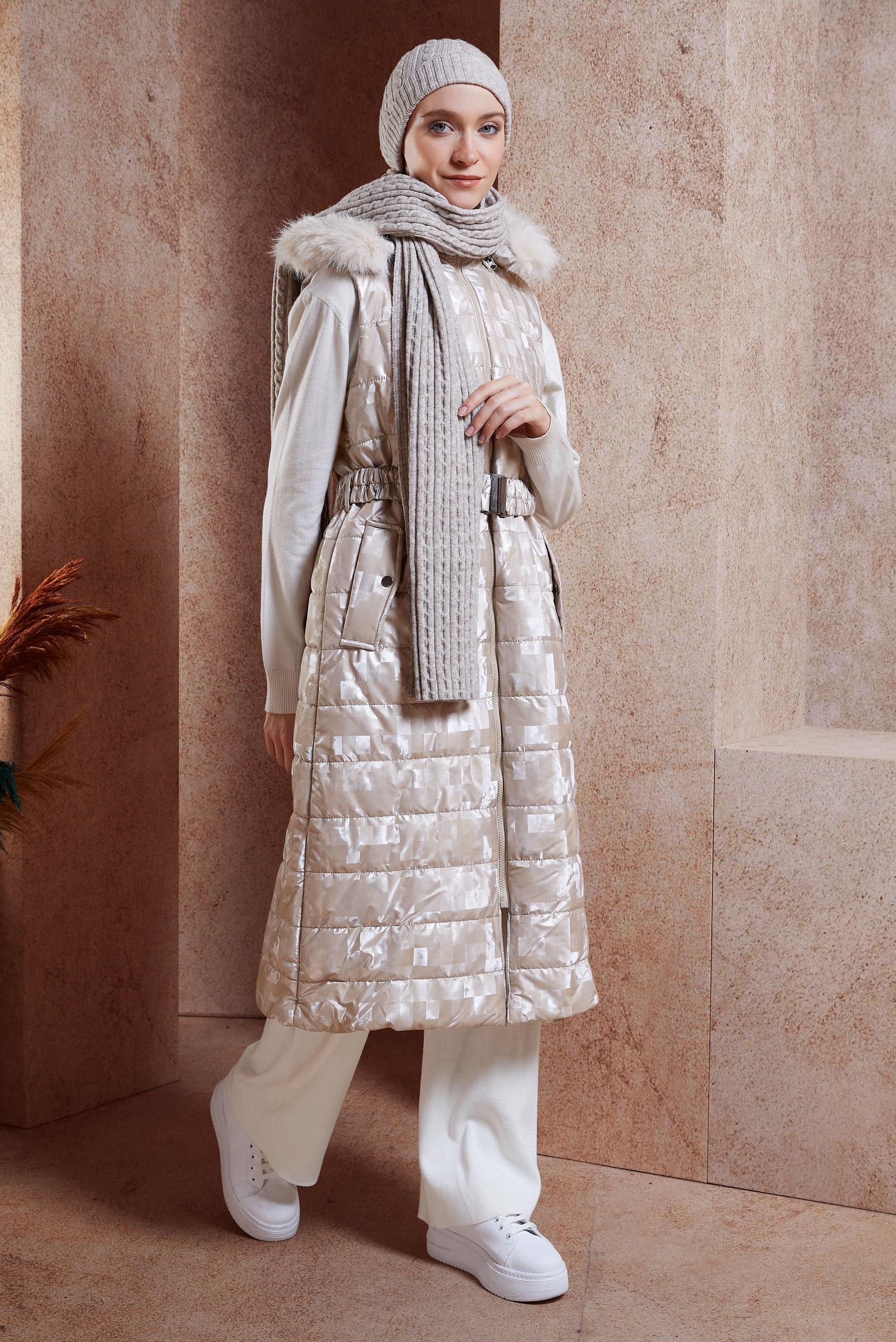 Vêtements hijab BEIGE GILET DOUDOUNE CEINTURÉ 90526