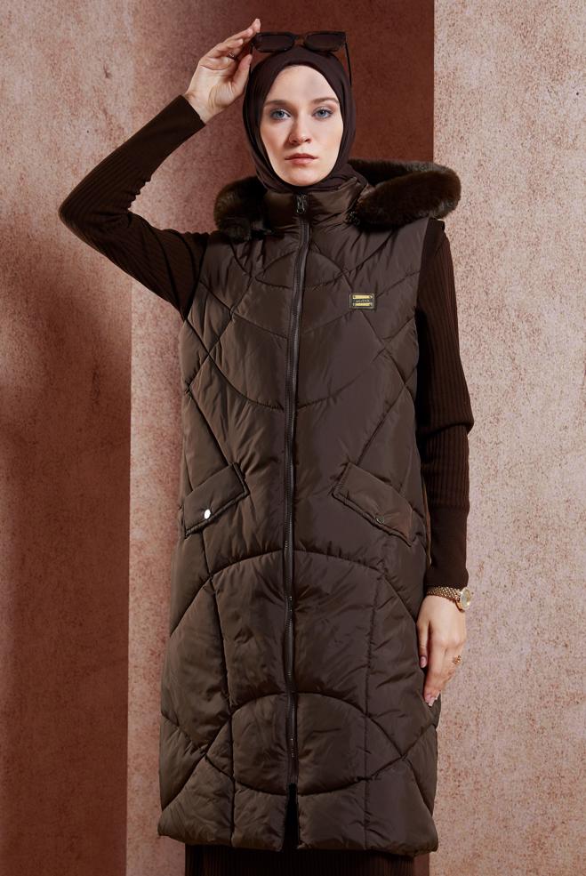 Vêtements hijab BRUN GILET DOUDOUNE À CAPUCHE 90527 - ALVİNA