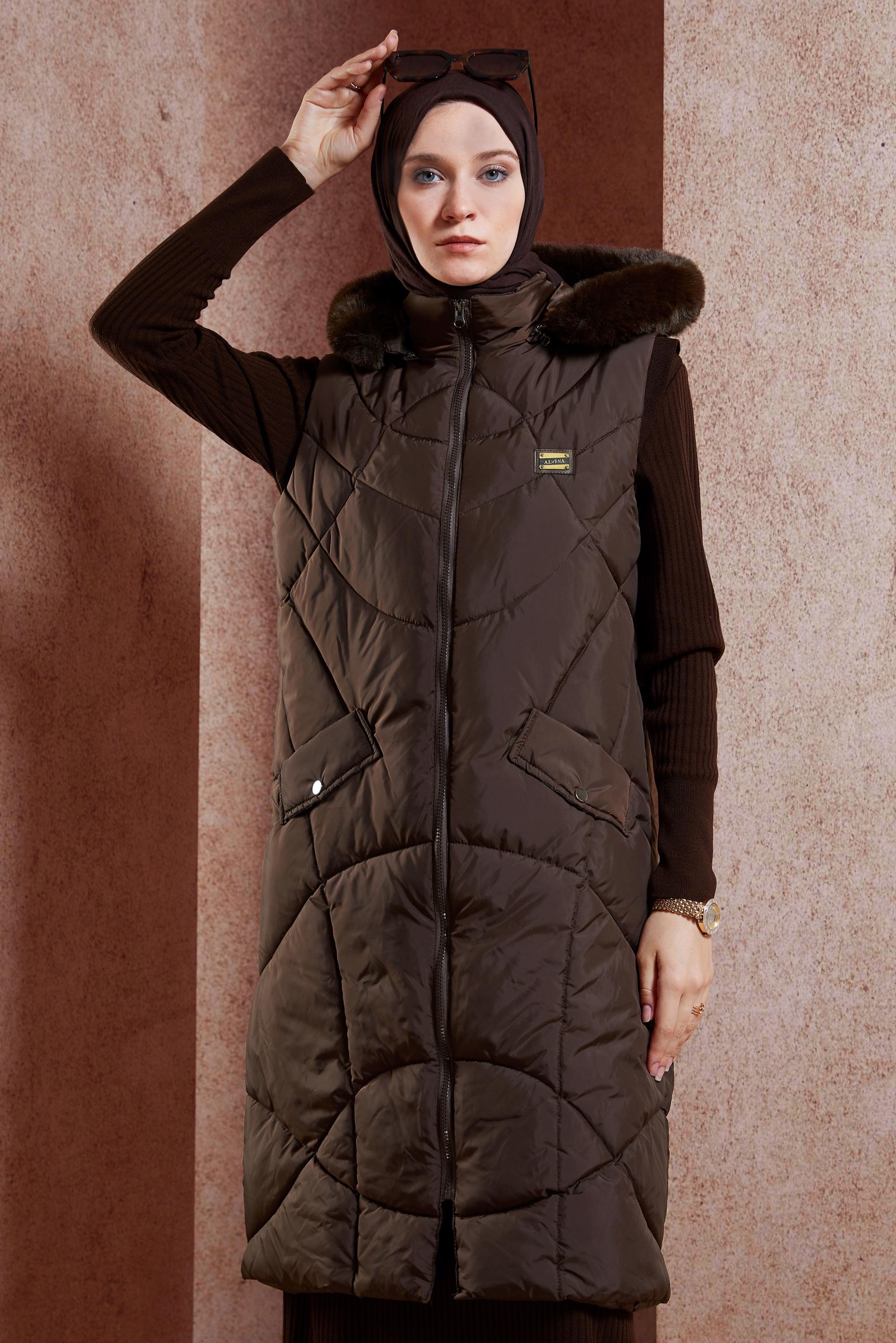 Vêtements hijab BRUN GILET DOUDOUNE À CAPUCHE 90527