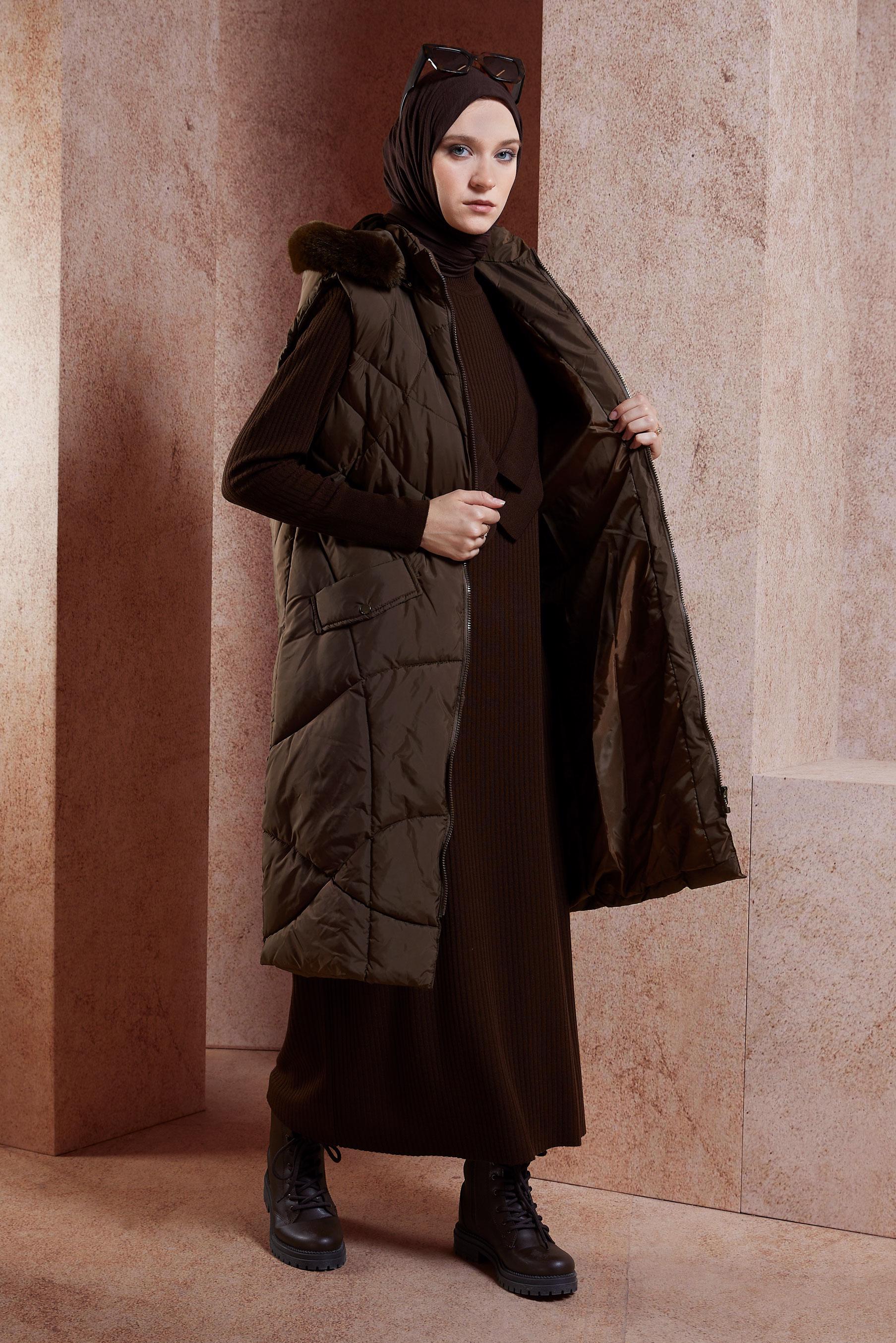 Vêtements hijab BRUN GILET DOUDOUNE À CAPUCHE 90527