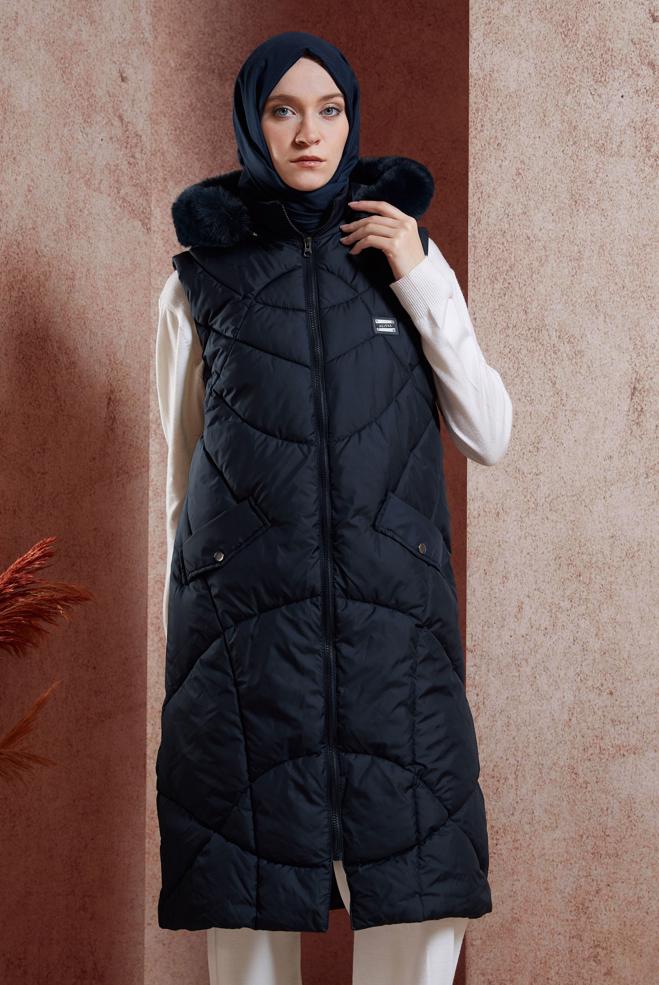 Vêtements hijab BLEU MARINE GILET DOUDOUNE À CAPUCHE 90527 - ALVİNA