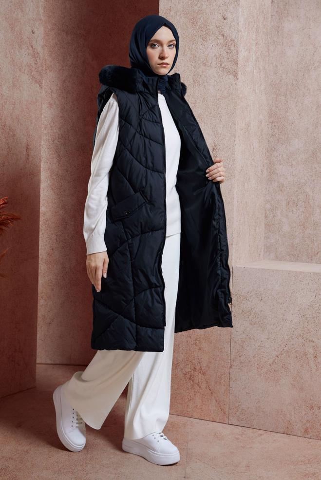 Vêtements hijab BLEU MARINE GILET DOUDOUNE À CAPUCHE 90527 - ALVİNA