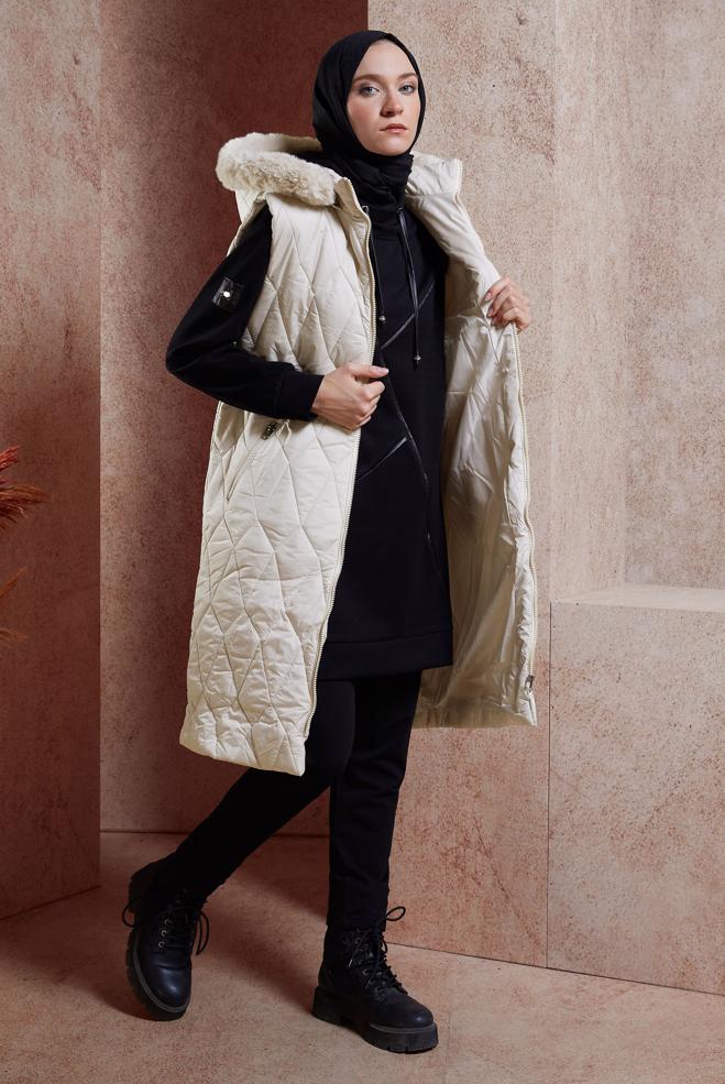 Vêtements hijab BEIGE GILET DOUDOUNE À CAPUCHE 90528 - ALVİNA