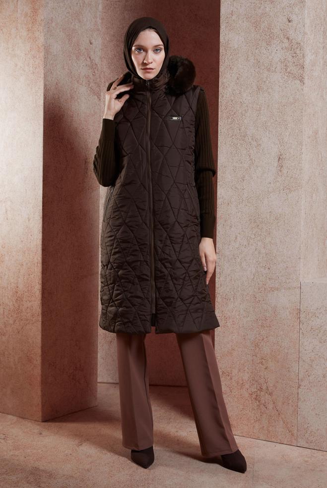Vêtements hijab BRUN GILET DOUDOUNE À CAPUCHE 90528 - ALVİNA