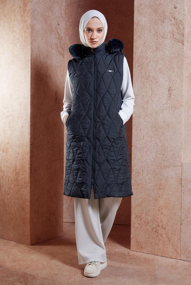 Vêtements hijab BLEU MARINE GILET DOUDOUNE À CAPUCHE 90528 - ALVİNA