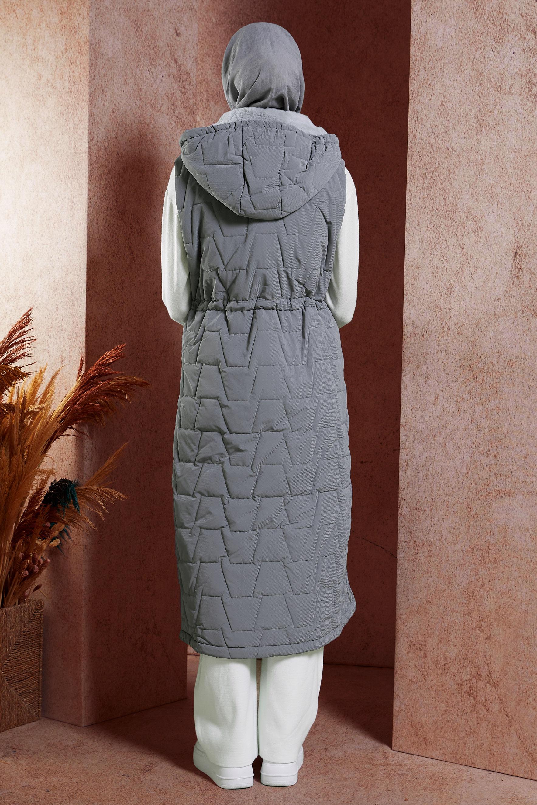 Tesettür giyim GRİ KAPÜŞONLU YELEK 90529