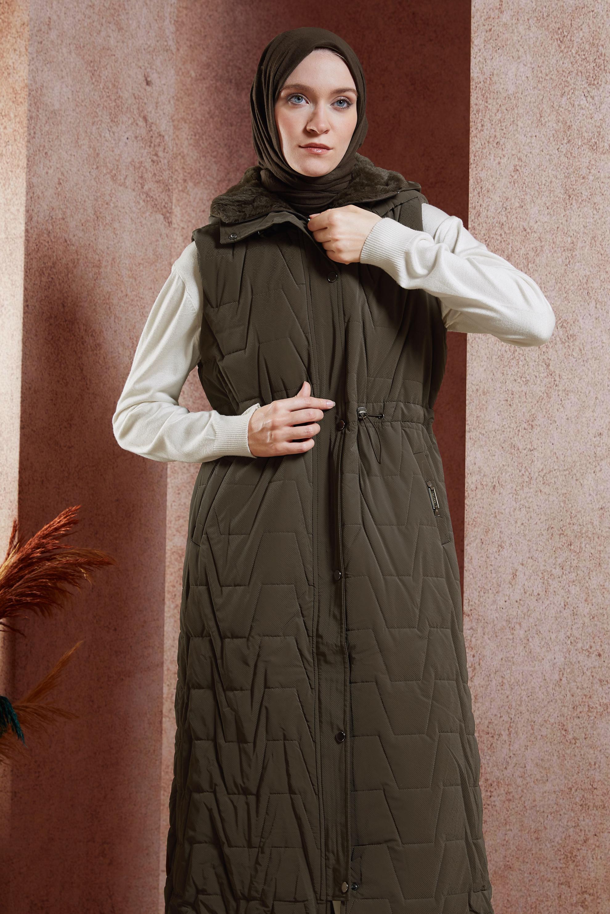 Tesettür giyim KAHVE KAPÜŞONLU YELEK 90529