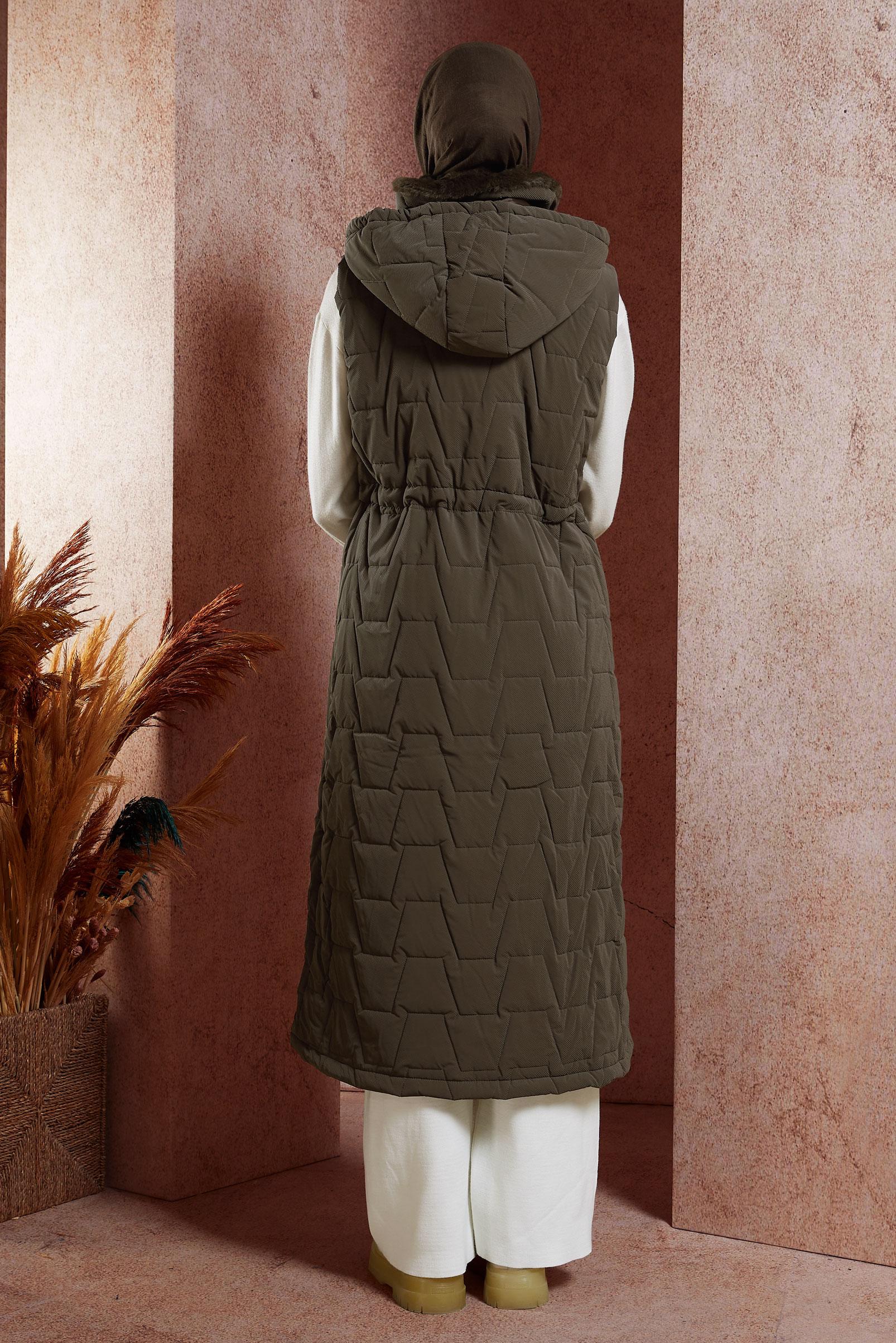 Tesettür giyim KAHVE KAPÜŞONLU YELEK 90529