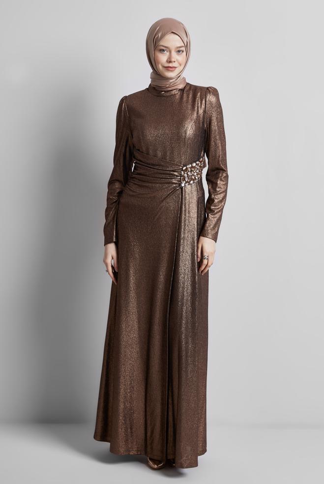 Tesettür giyim SİYAH TAŞ DETAYLI ABİYE ELBİSE 50432 - ALVİNA