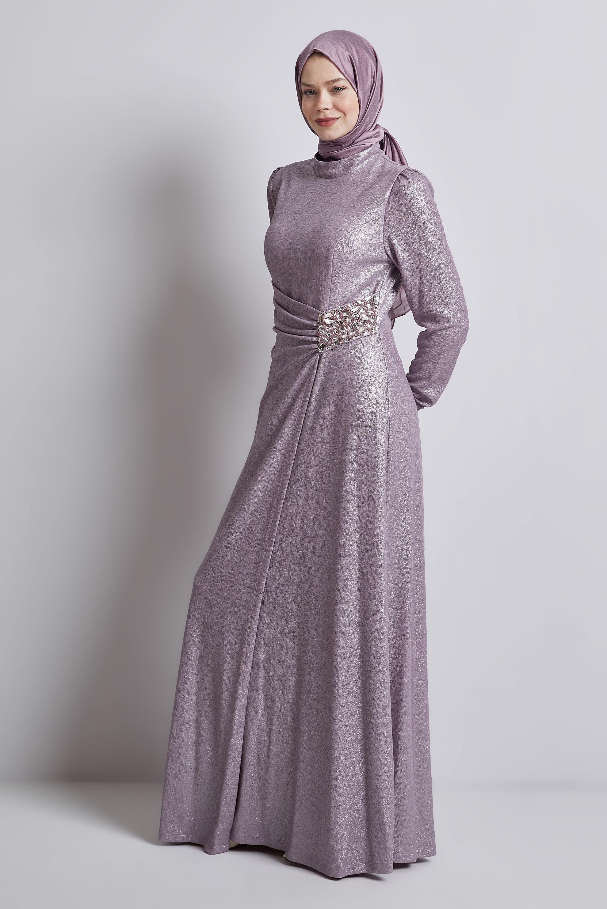 Tesettür giyim MOR TAŞ DETAYLI ABİYE ELBİSE 50432