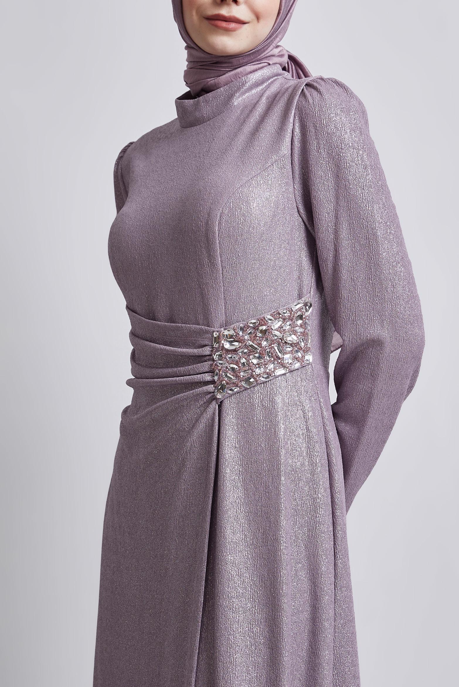 Tesettür giyim MOR TAŞ DETAYLI ABİYE ELBİSE 50432