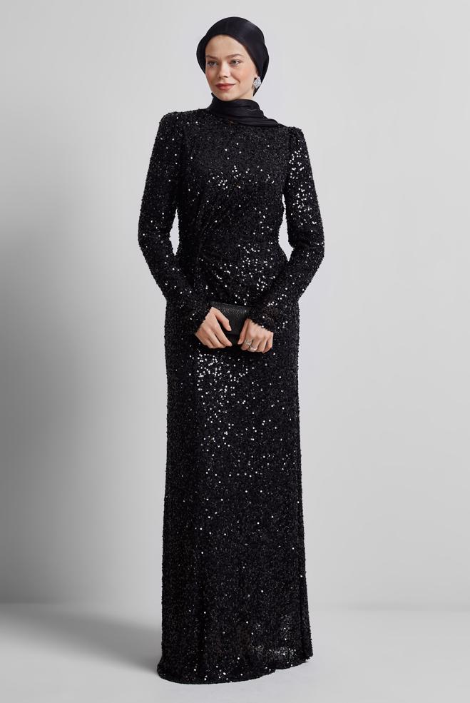 Tesettür giyim SİYAH PUL PAYETLİ ABİYE ELBİSE 50434 - ALVİNA