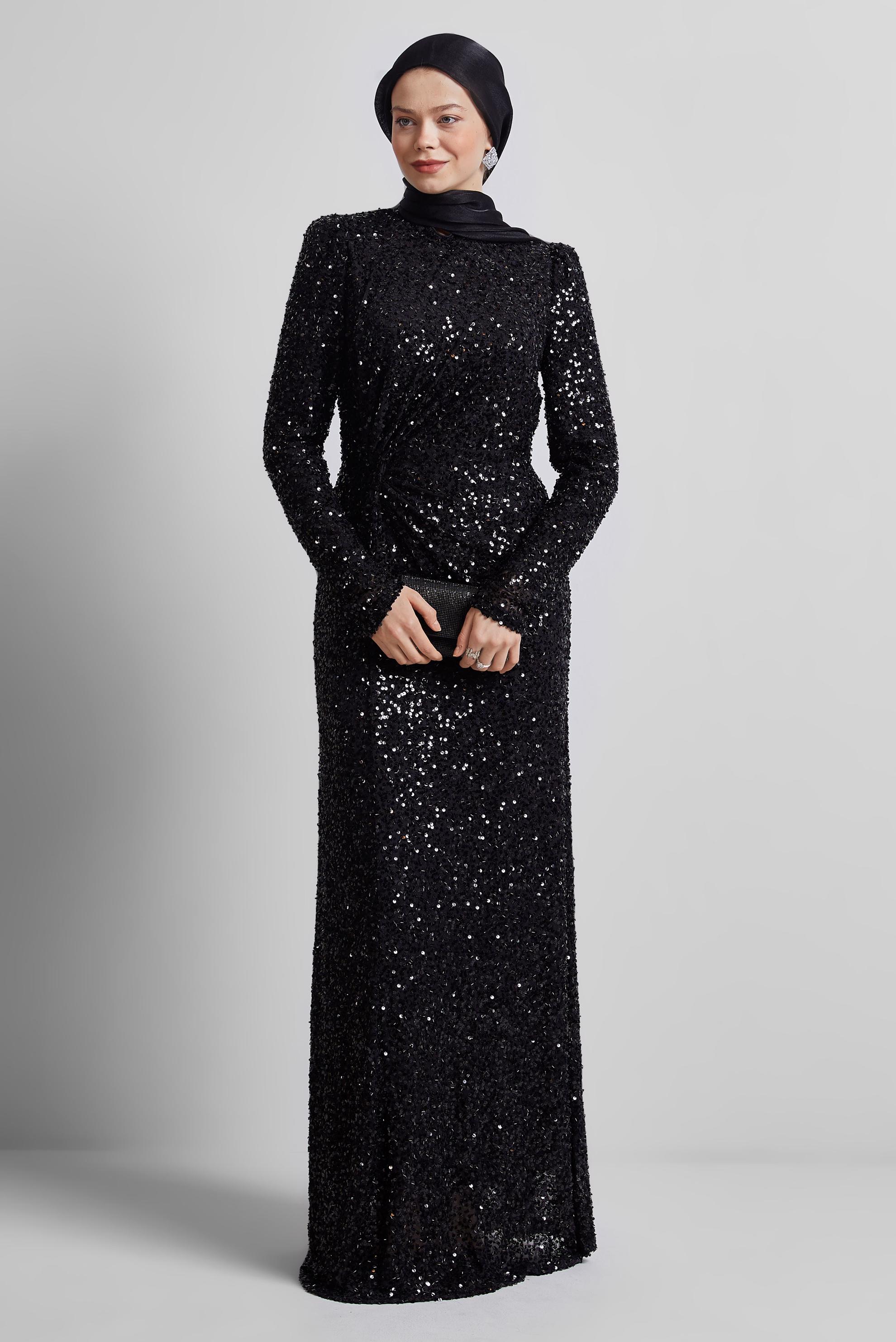 Tesettür giyim SİYAH PUL PAYETLİ ABİYE ELBİSE 50434