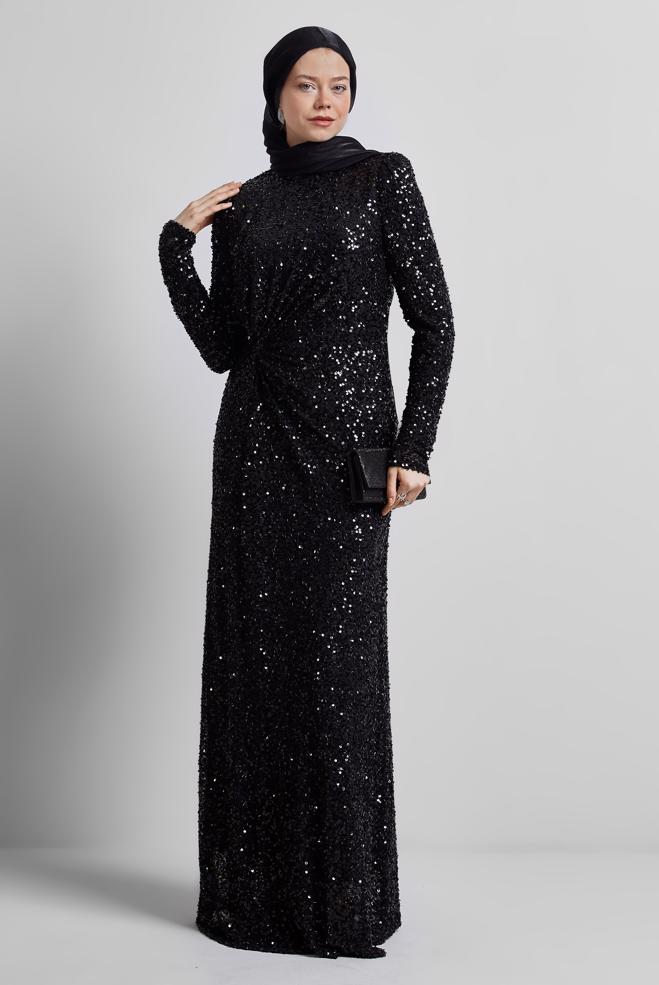 Tesettür giyim SİYAH PUL PAYETLİ ABİYE ELBİSE 50434 - ALVİNA