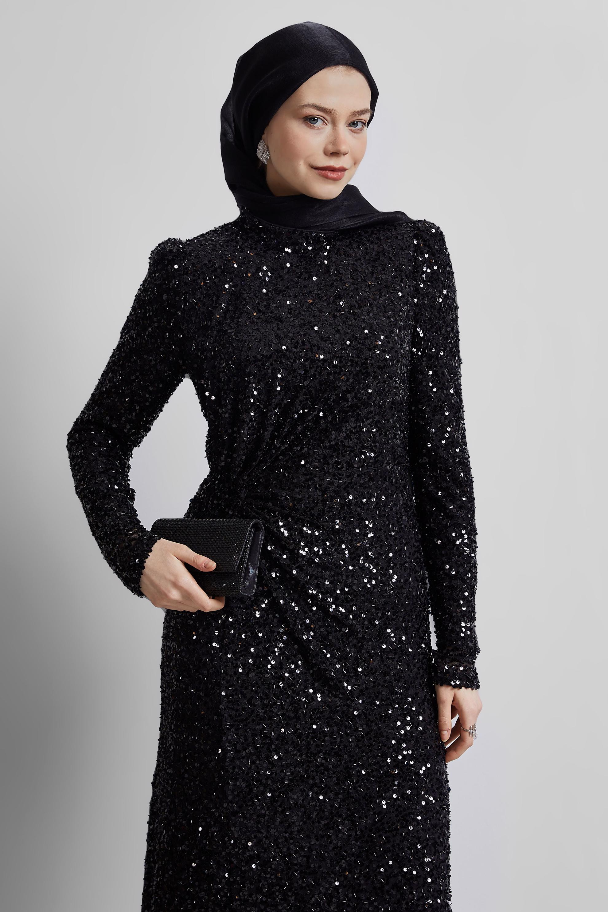 Tesettür giyim SİYAH PUL PAYETLİ ABİYE ELBİSE 50434