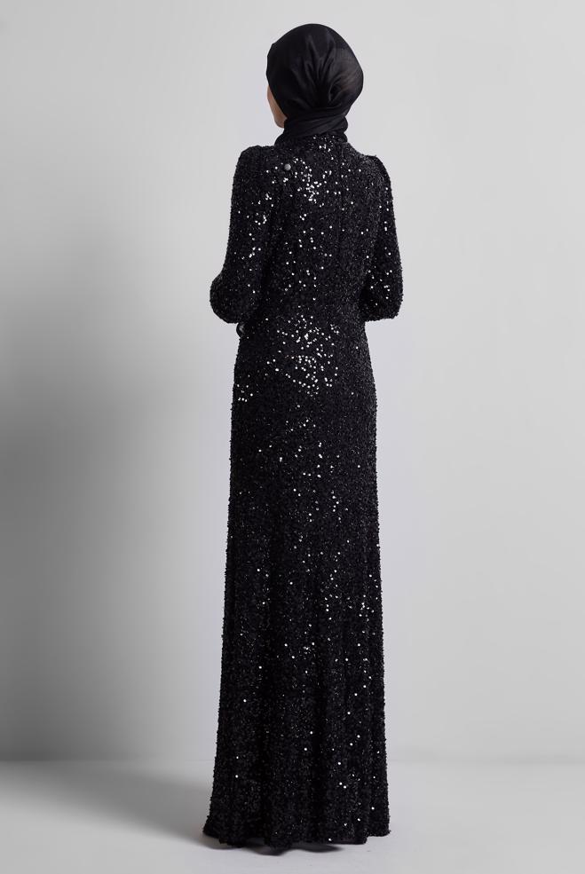 Tesettür giyim SİYAH PUL PAYETLİ ABİYE ELBİSE 50434 - ALVİNA