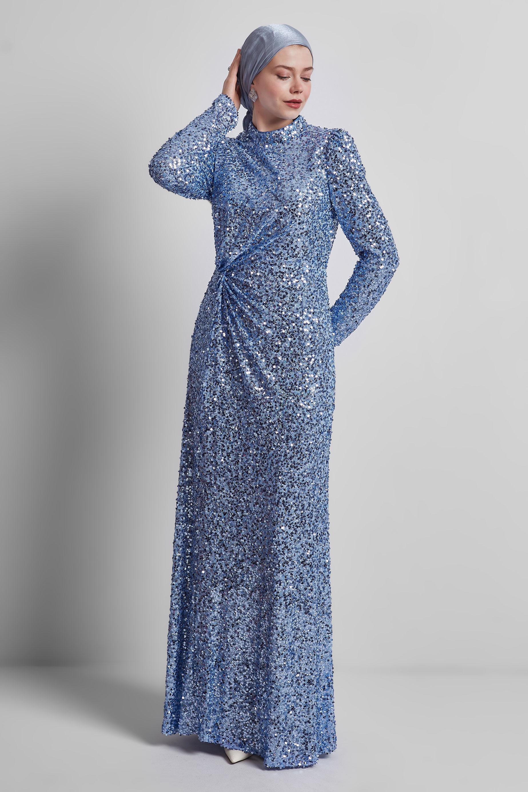 Tesettür giyim MAVİ PUL PAYETLİ ABİYE ELBİSE 50434