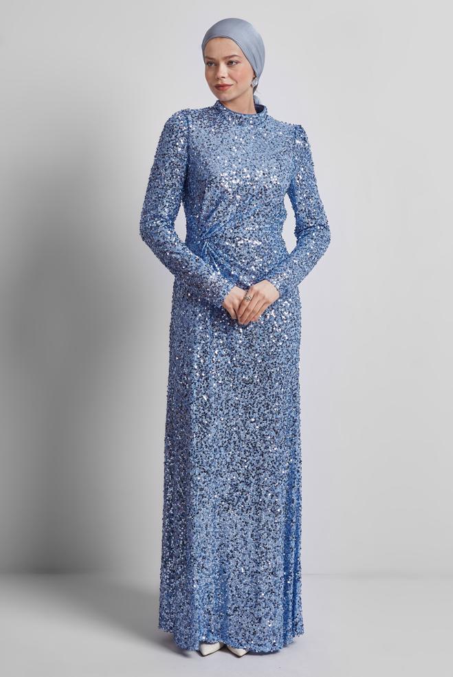 Tesettür giyim MAVİ PUL PAYETLİ ABİYE ELBİSE 50434 - ALVİNA