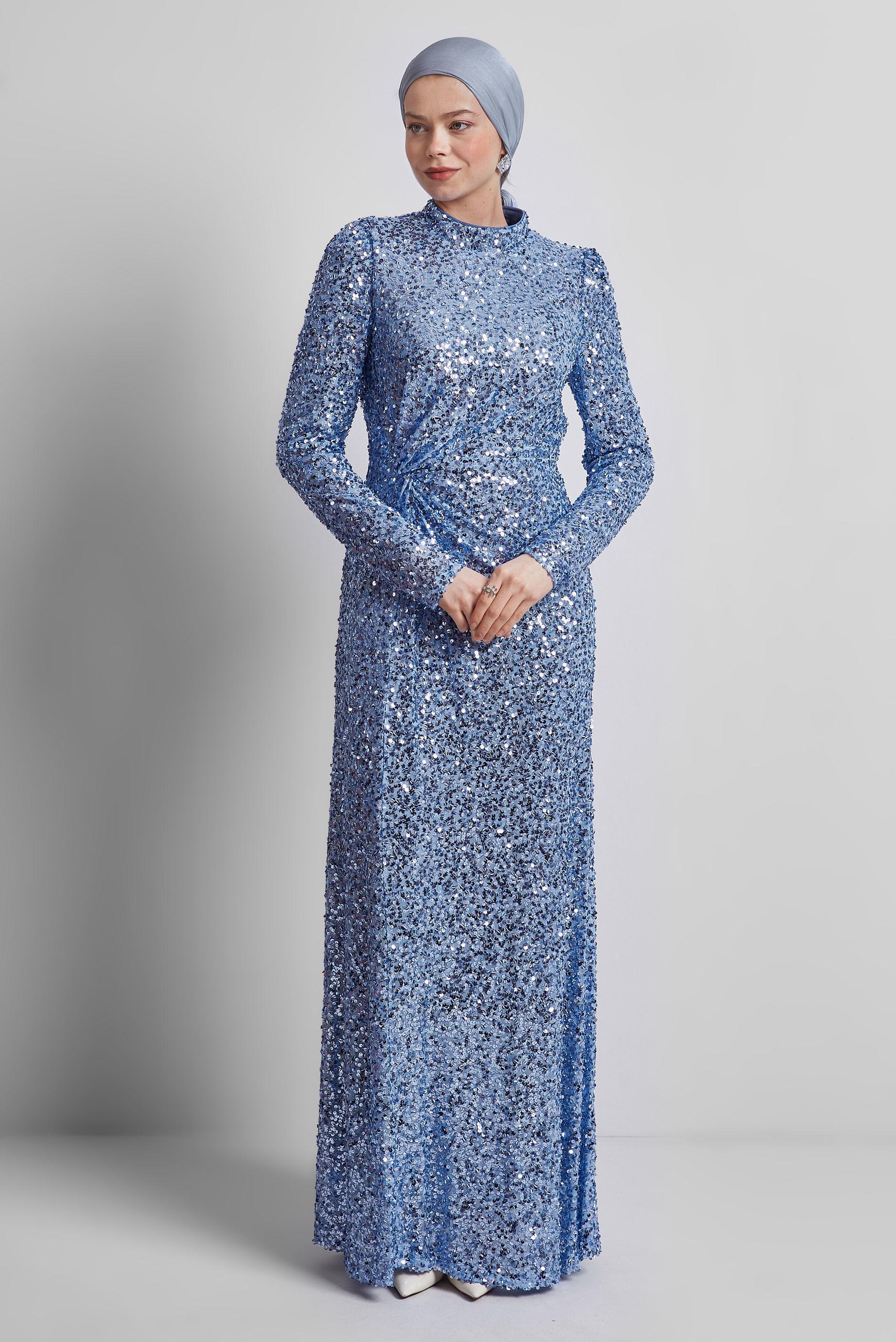 Tesettür giyim MAVİ PUL PAYETLİ ABİYE ELBİSE 50434
