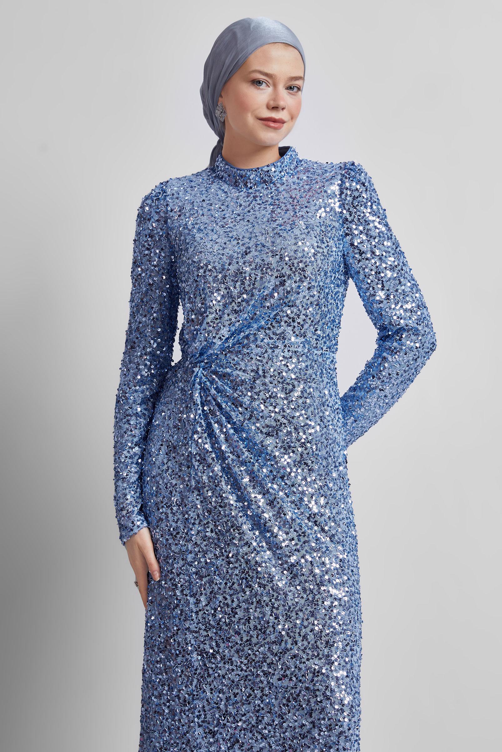 Tesettür giyim MAVİ PUL PAYETLİ ABİYE ELBİSE 50434