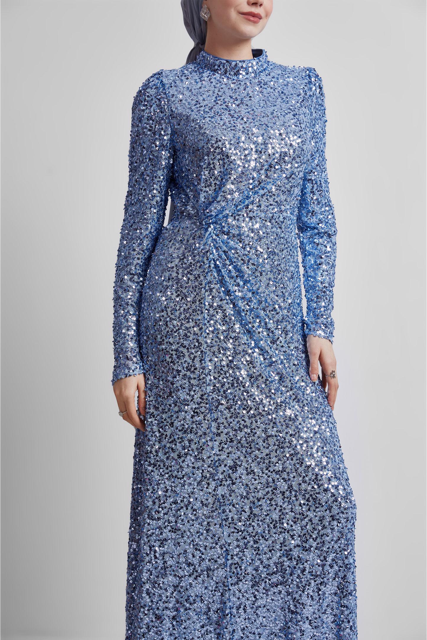 Tesettür giyim MAVİ PUL PAYETLİ ABİYE ELBİSE 50434