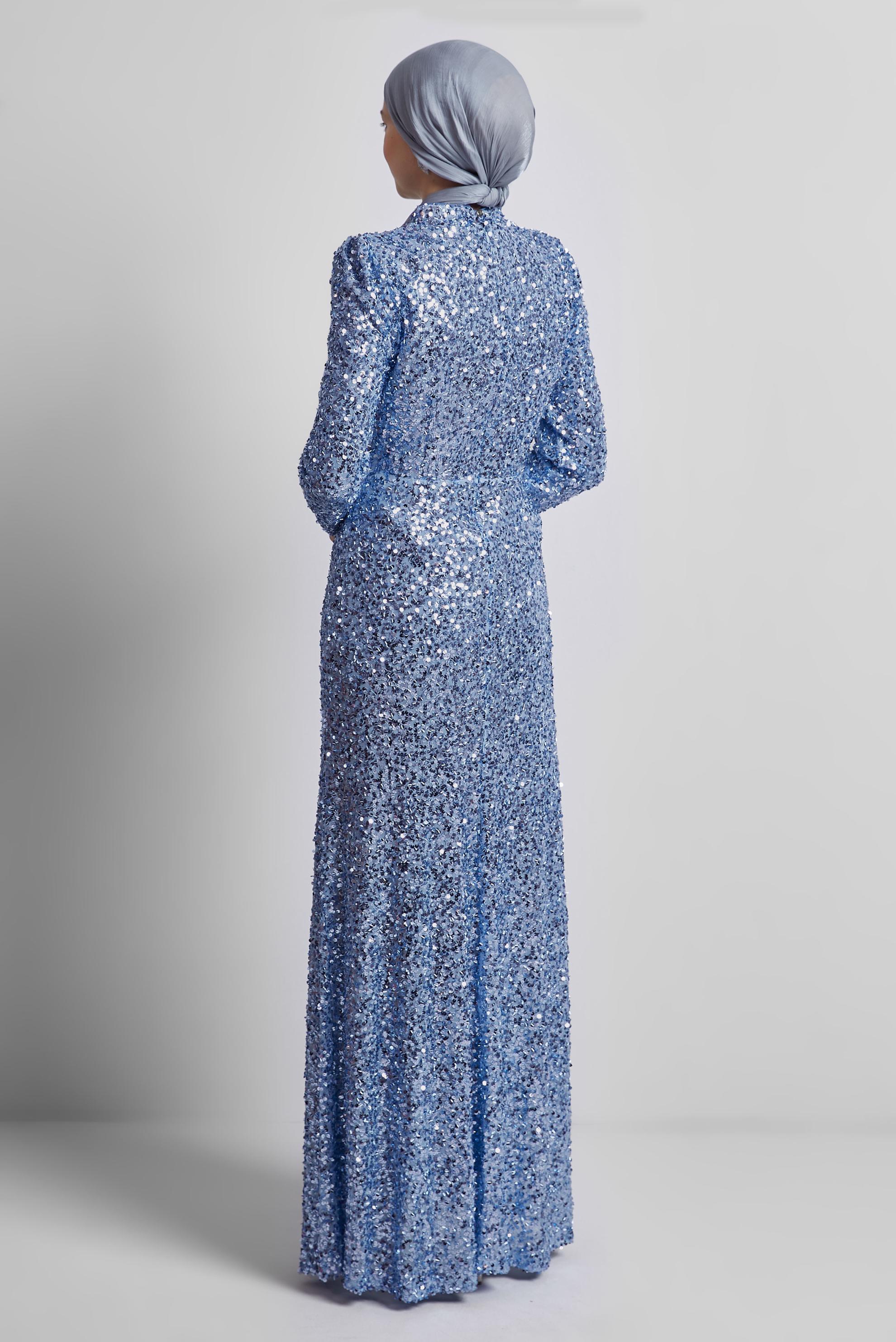 Tesettür giyim MAVİ PUL PAYETLİ ABİYE ELBİSE 50434
