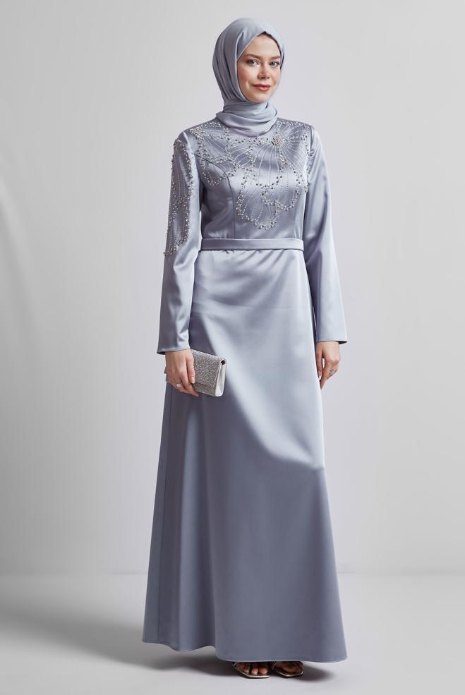 Tesettür giyim GRİ TAŞLI SATEN ABİYE ELBİSE 50435 - ALVİNA