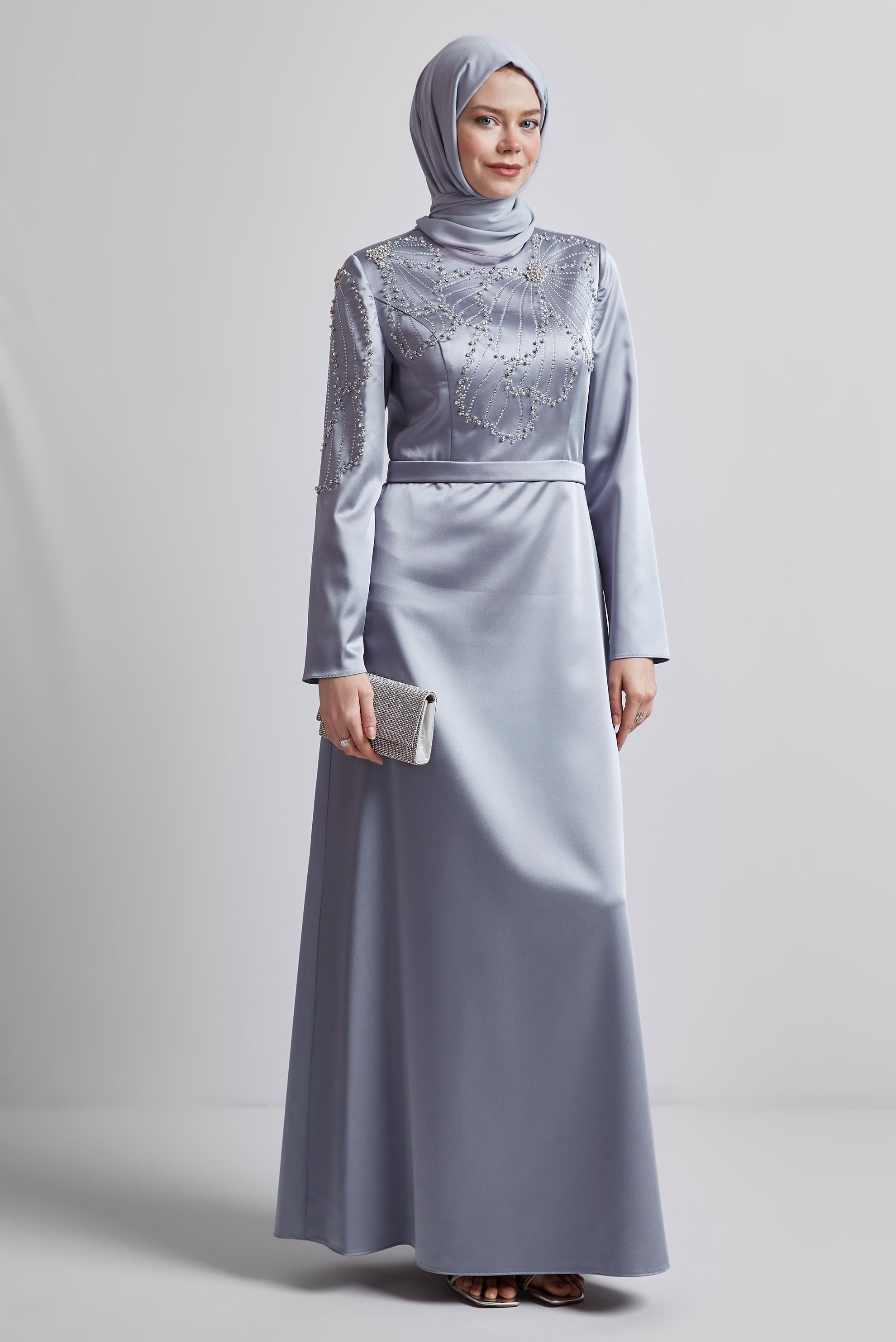Tesettür giyim GRİ TAŞLI SATEN ABİYE ELBİSE 50435