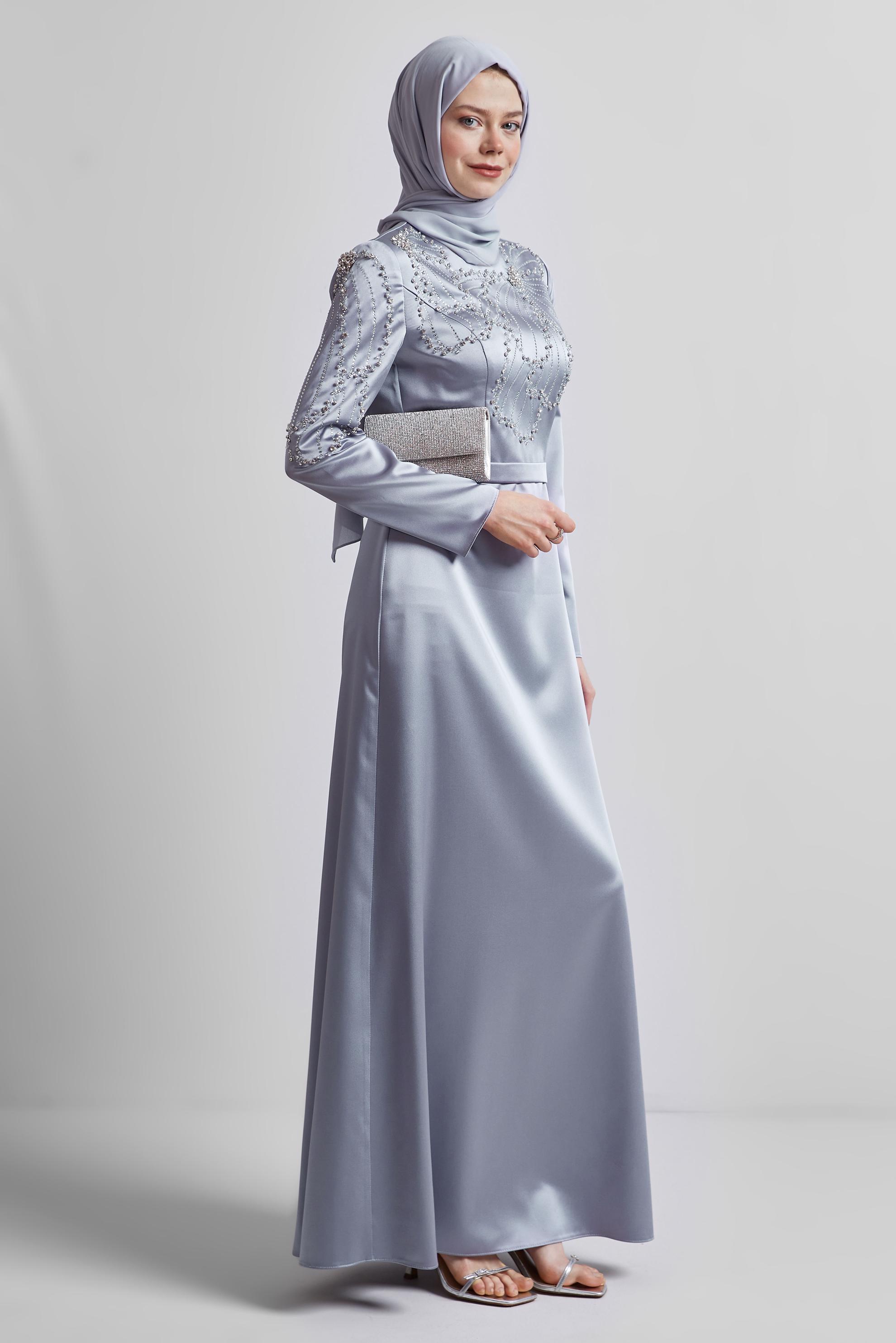 Tesettür giyim GRİ TAŞLI SATEN ABİYE ELBİSE 50435