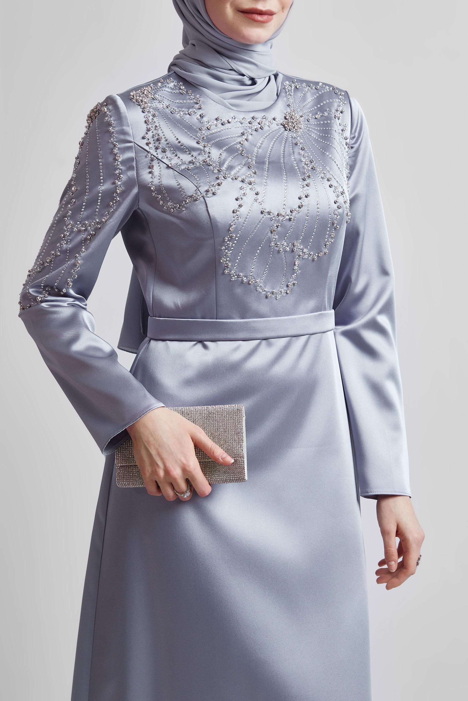Tesettür giyim GRİ TAŞLI SATEN ABİYE ELBİSE 50435