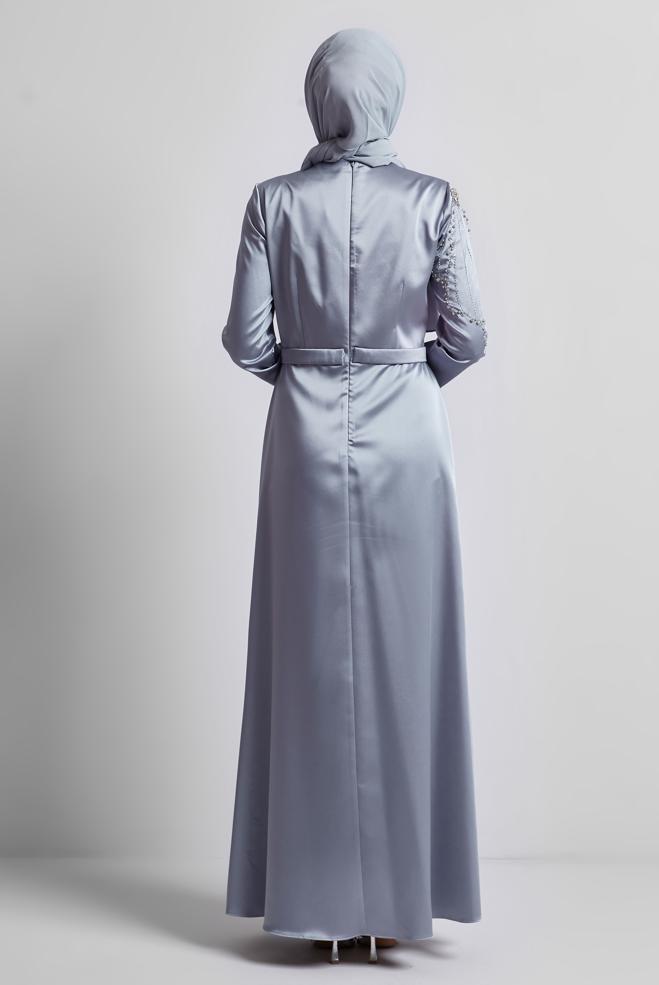 Tesettür giyim GRİ TAŞLI SATEN ABİYE ELBİSE 50435 - ALVİNA