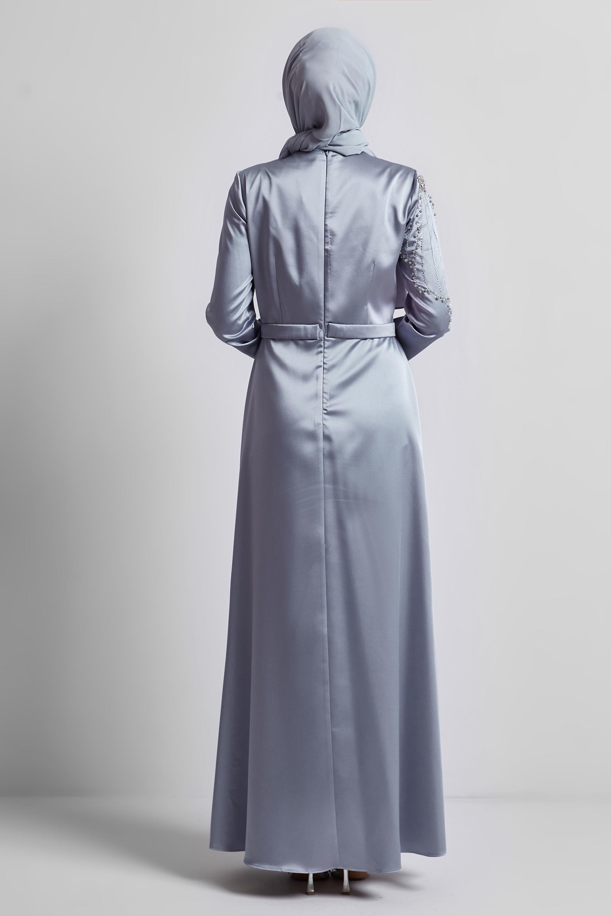 Tesettür giyim GRİ TAŞLI SATEN ABİYE ELBİSE 50435