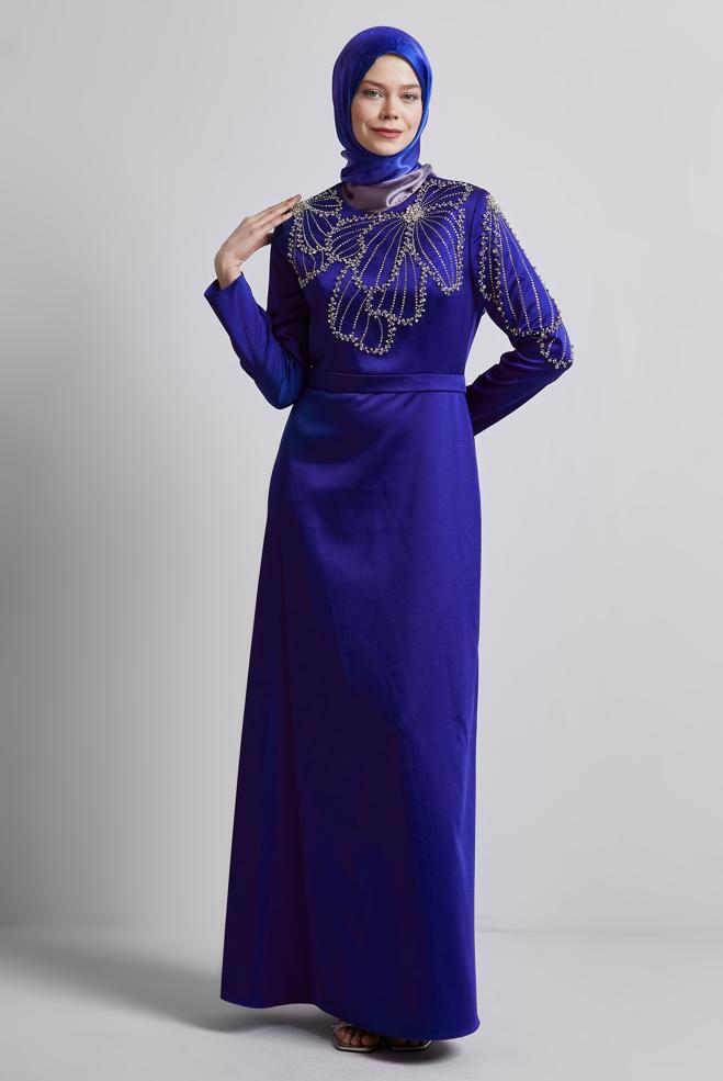Hijab-Kleidung BLAU SATIN ABENDKLEID MIT JUWELEN 50435 - ALVİNA
