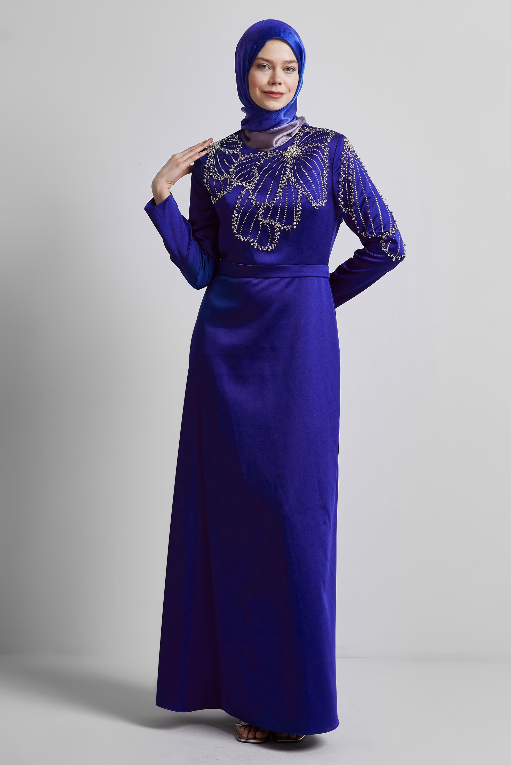 Hijab clothing BLUE SATIN EVENING DRESS WITH GEM 50435