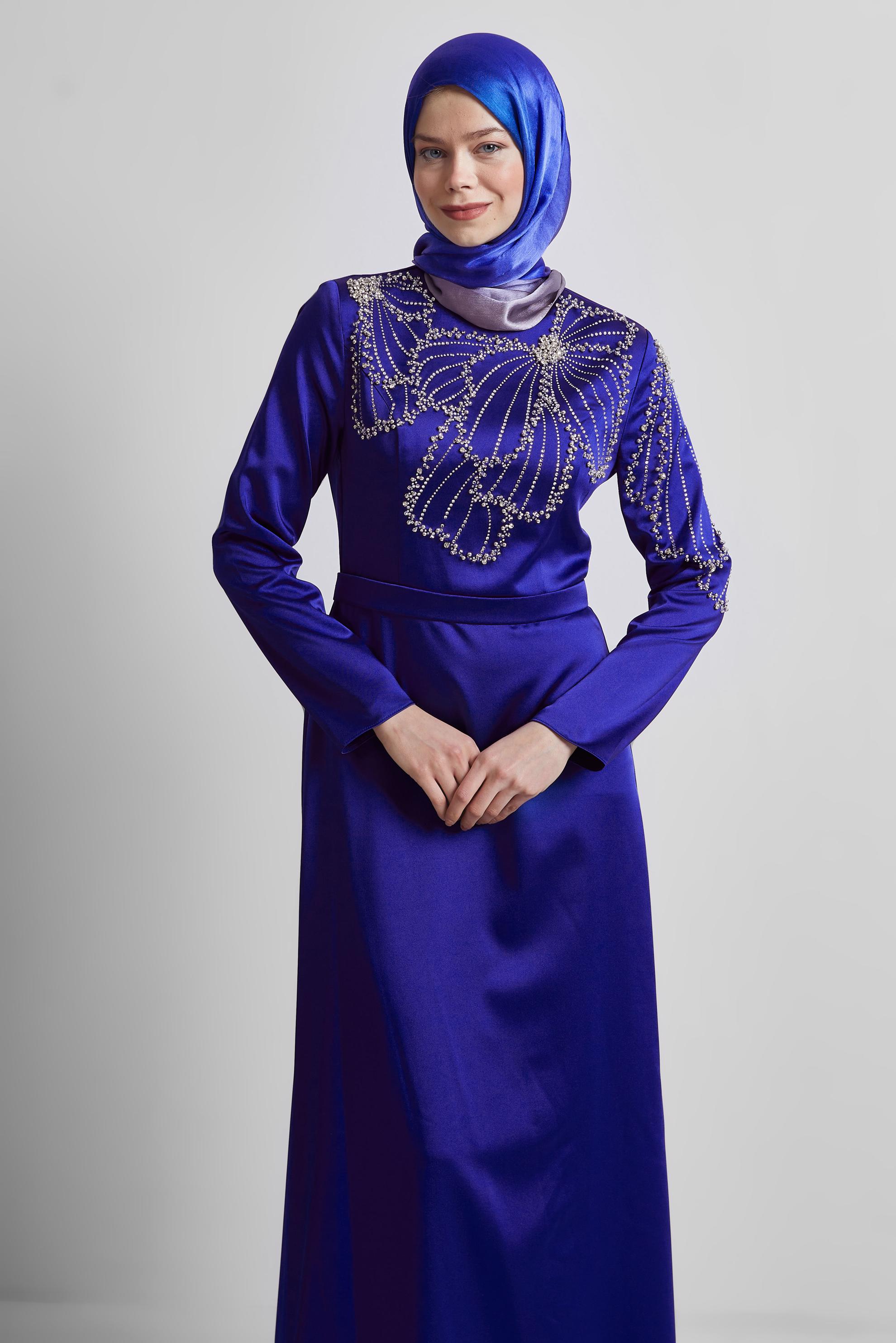 Hijab clothing BLUE SATIN EVENING DRESS WITH GEM 50435