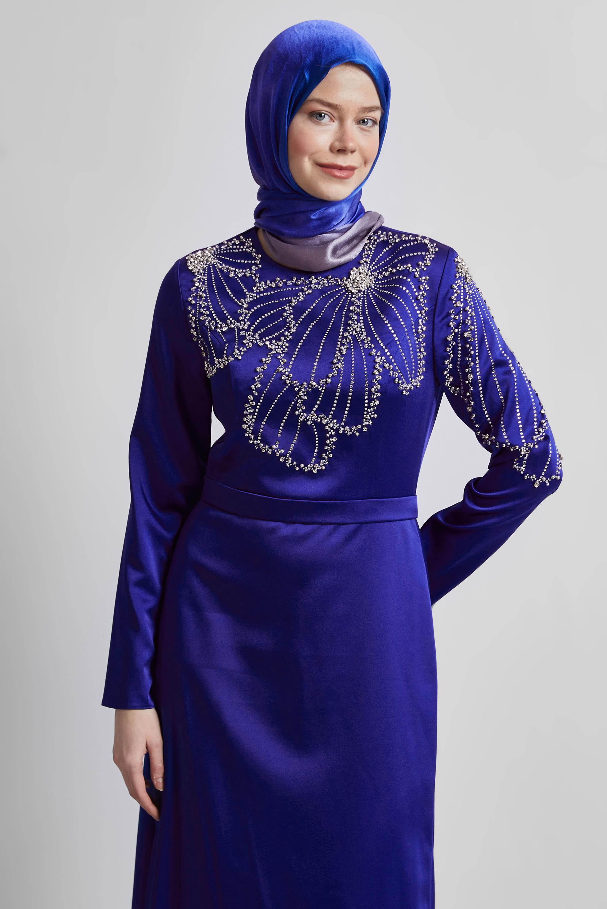 Hijab clothing BLUE SATIN EVENING DRESS WITH GEM 50435