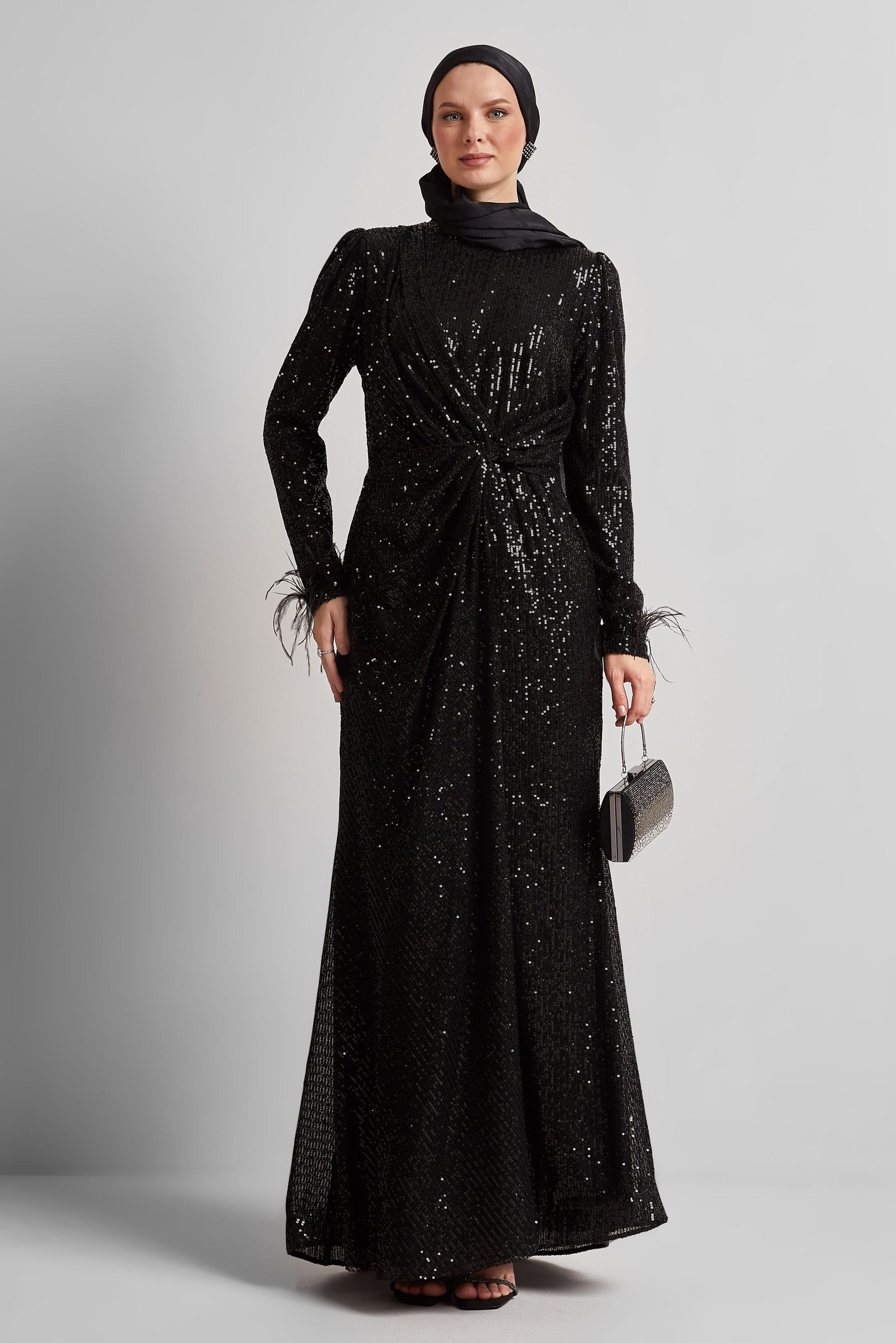 Tesettür giyim SİYAH PUL PAYETLİ ABİYE ELBİSE 50438