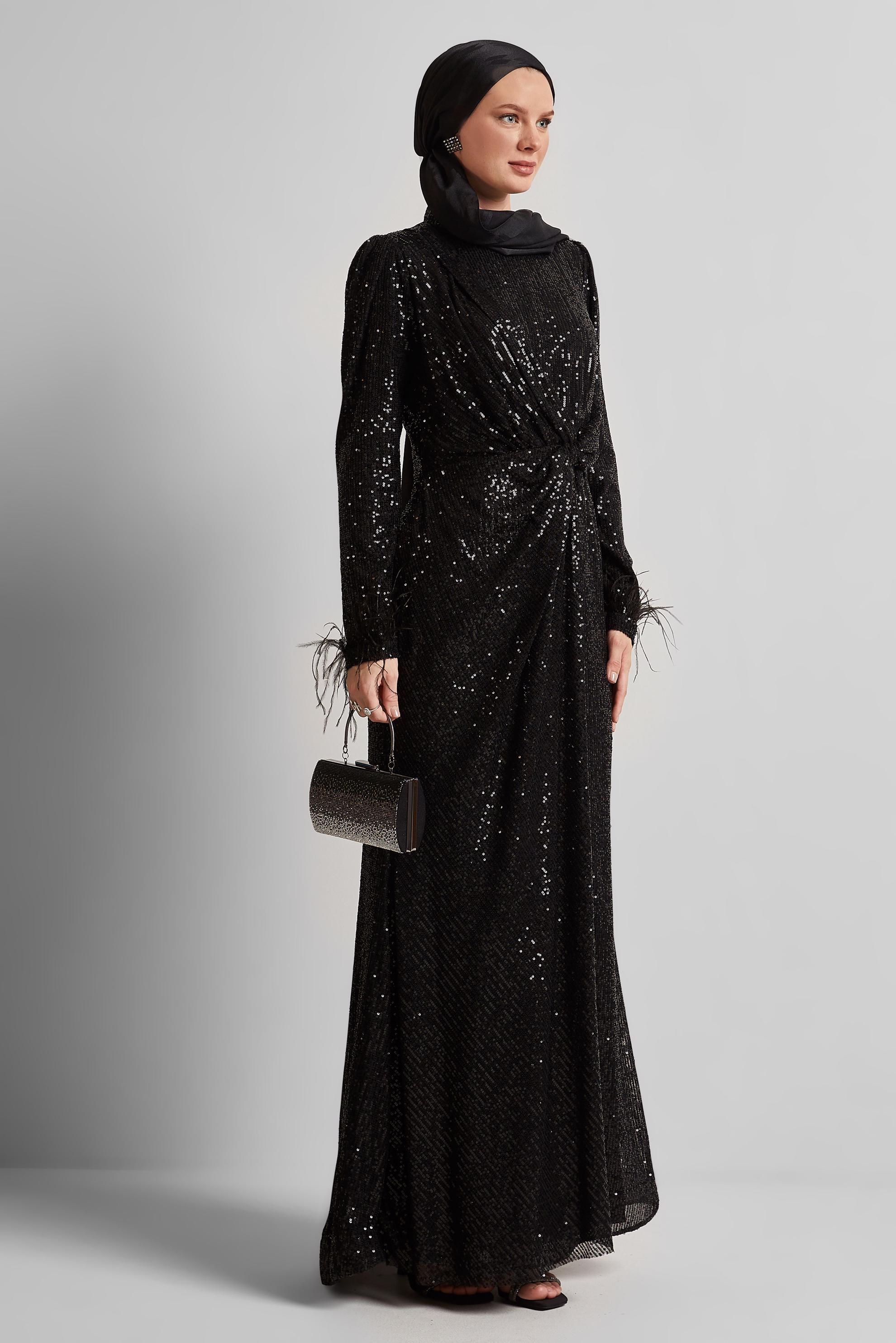 Tesettür giyim SİYAH PUL PAYETLİ ABİYE ELBİSE 50438