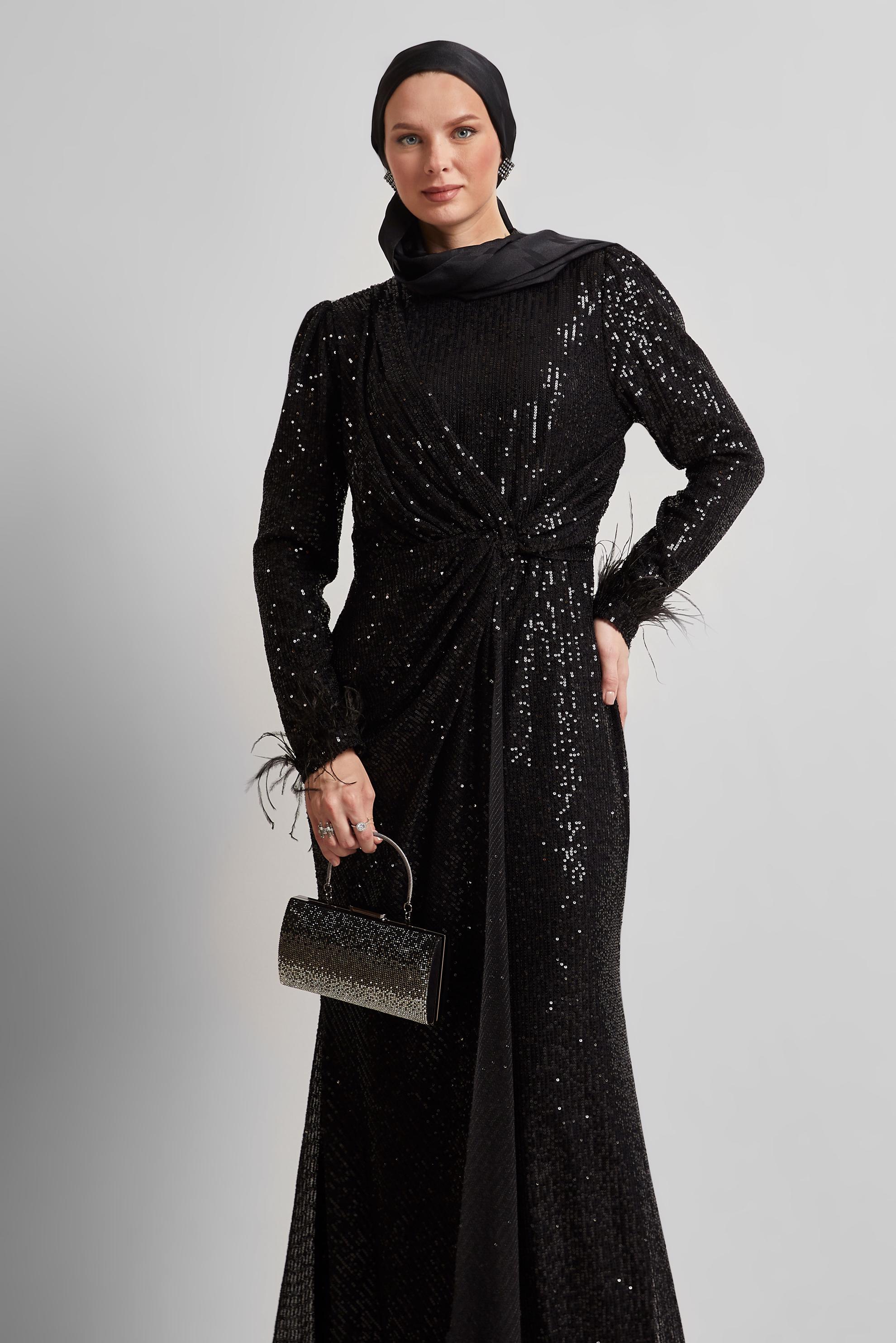 Tesettür giyim SİYAH PUL PAYETLİ ABİYE ELBİSE 50438