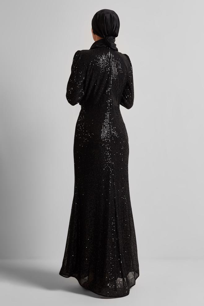 Tesettür giyim SİYAH PUL PAYETLİ ABİYE ELBİSE 50438 - ALVİNA