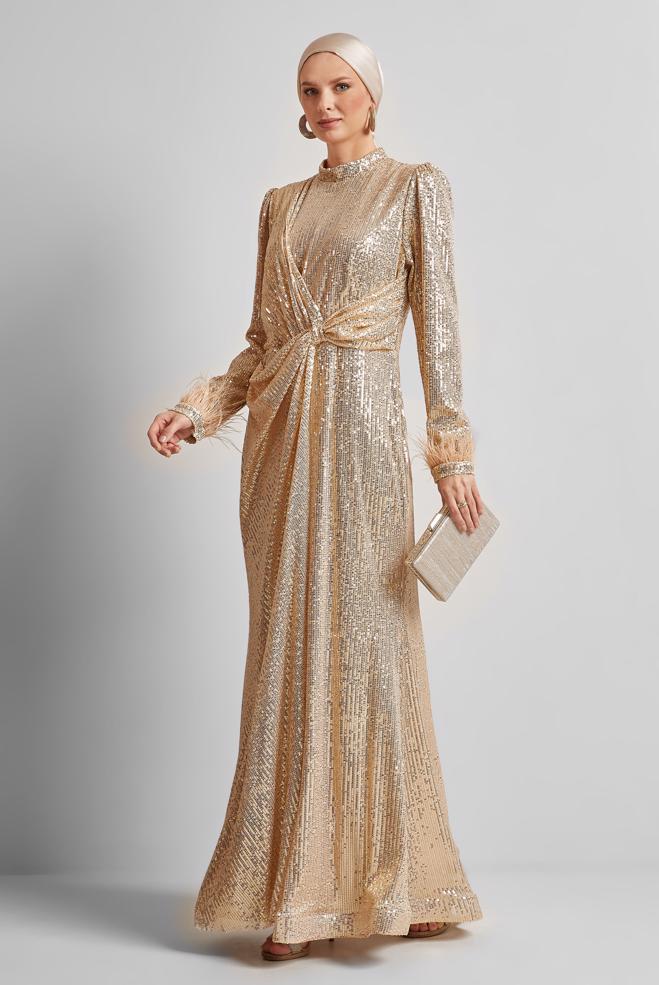 Tesettür giyim ALTIN PUL PAYETLİ ABİYE ELBİSE 50438 - ALVİNA