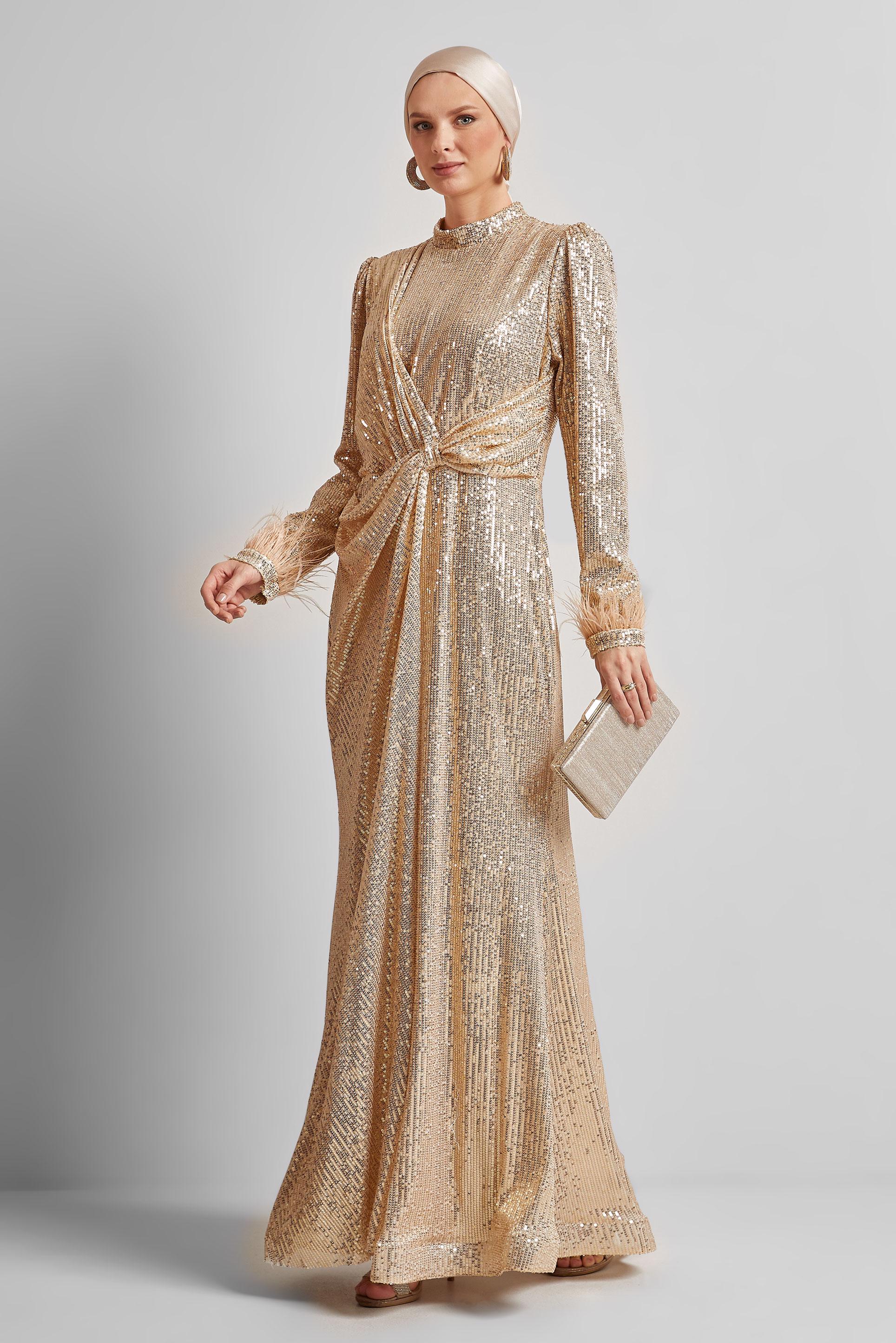 Tesettür giyim ALTIN PUL PAYETLİ ABİYE ELBİSE 50438