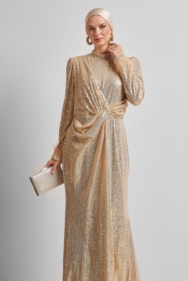 Tesettür giyim ALTIN PUL PAYETLİ ABİYE ELBİSE 50438 - ALVİNA