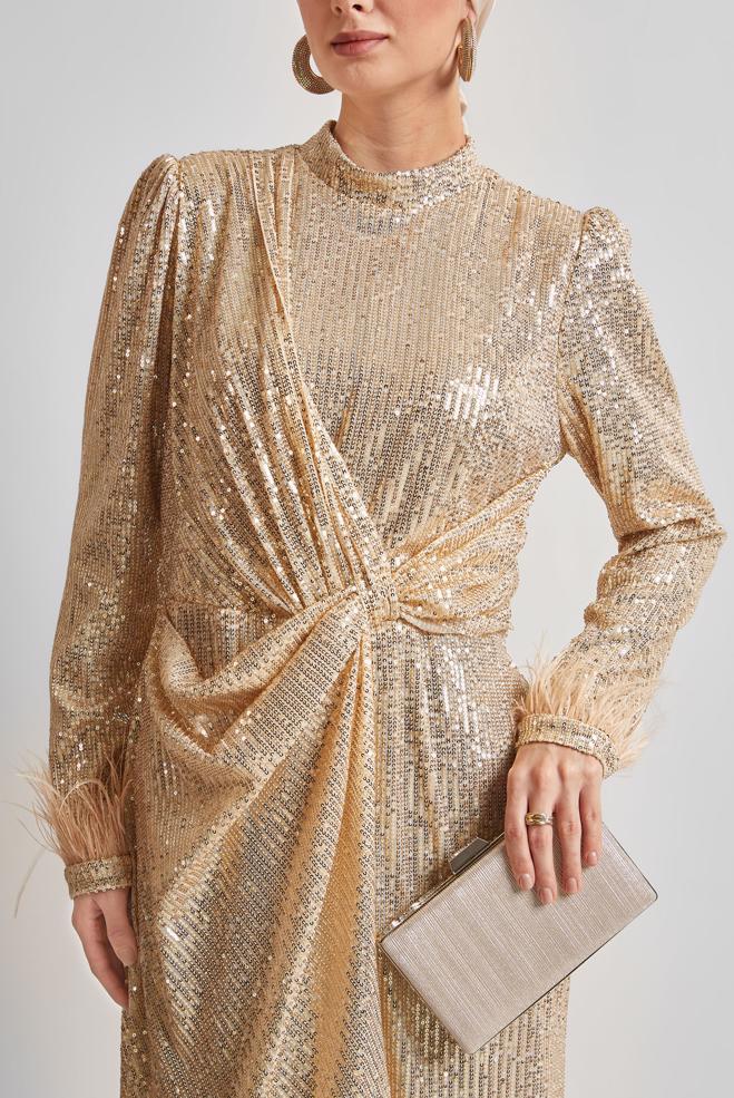 Tesettür giyim ALTIN PUL PAYETLİ ABİYE ELBİSE 50438 - ALVİNA